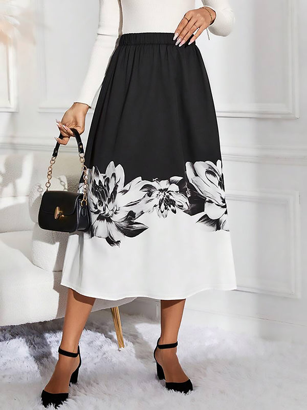 A-Line Loose Elasticity Flower Print Skirts Bottoms