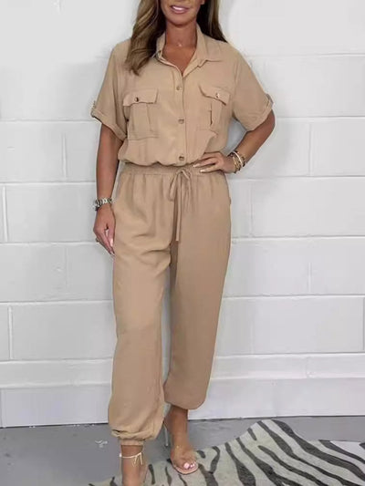 Elasticated Waist High Waisted Buttoned Drawstring Pockets Solid Color Split-Joint Lapel Jumpsuits