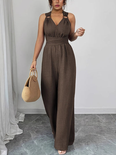 High Waisted Sleeveless Backless Solid Color Tied Spaghetti-Neck Jumpsuits