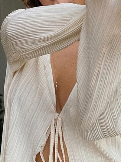 Long Sleeves Loose Lace-Up Pleated Solid Color Split-Joint Deep V-Neck Blouses&Shirts Tops