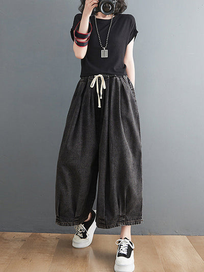 Casual Loose Drawstring Wide Legs Jean Pants