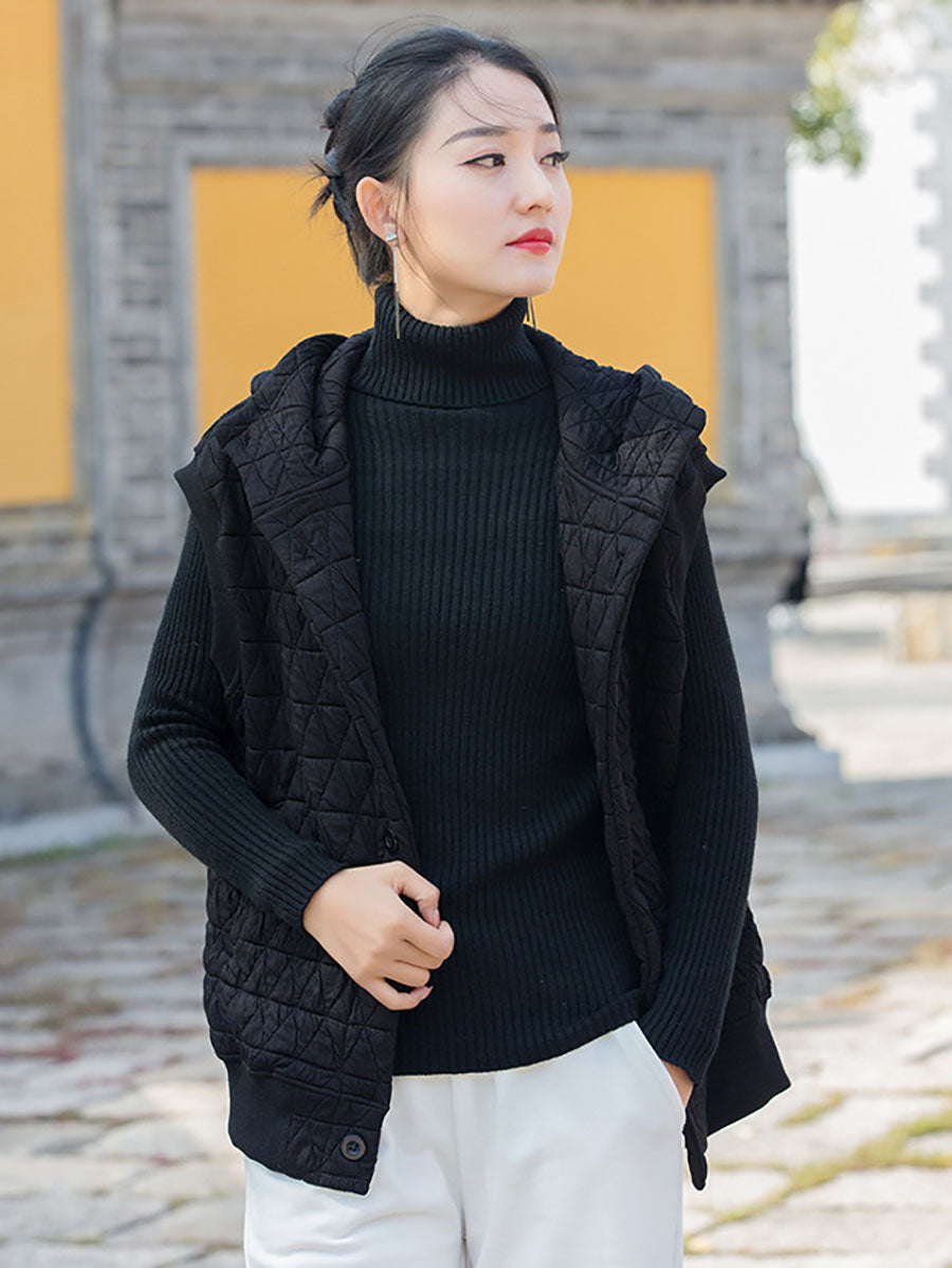 Women Winter Artsy Solid Button Pocket Hooded Vest