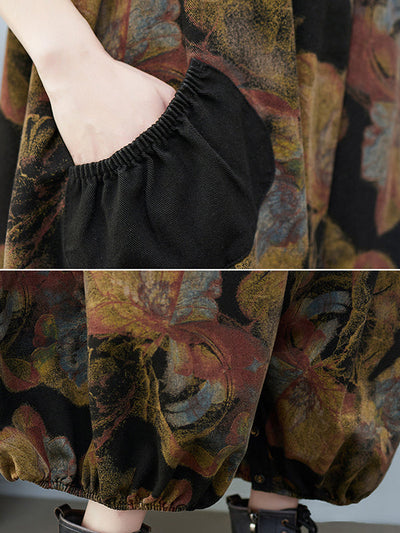 Artistic Retro Vintage Loose Floral Printed Square-Neck Sleeveless Overalls