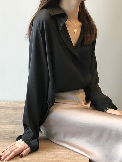 Satin V-Neck Loose Solid Color High-Low Long Sleeve Shirts