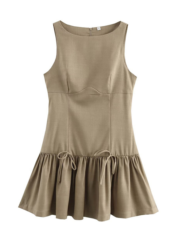 A-Line Loose Pleated Solid Color Split-Joint Zipper Round-Neck Mini Dresses