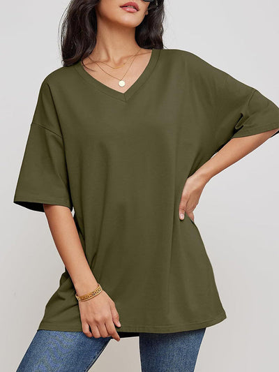 Short Sleeves Solid Color Split-Joint V-Neck T-Shirts