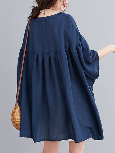 Half Sleeves Loose Pleated See-Through Solid Color Round-Neck Blouses&Shirts Tops