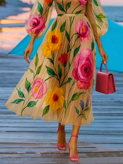 Loose Puff Sleeves Flower Print See-Through Round-Neck Midi Dresses