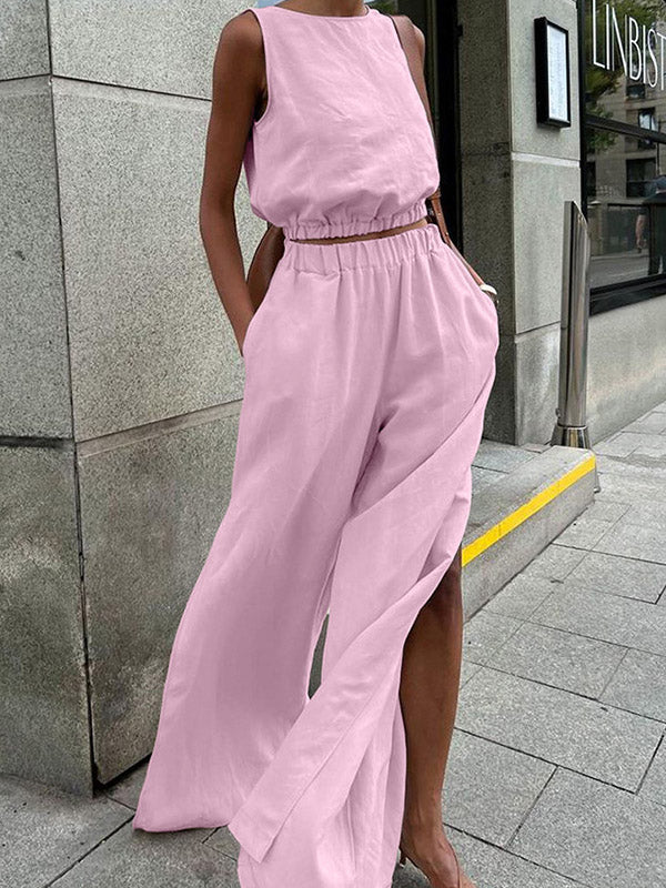 Loose Elasticity Solid Color Split-Joint Round-Neck Vest + High Waisted Split-Side Pants Two Pieces Set