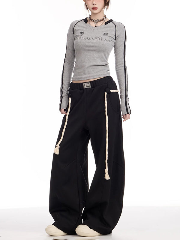 High Waisted Loose Drawstring Elasticity Pockets Solid Color Pants Trousers