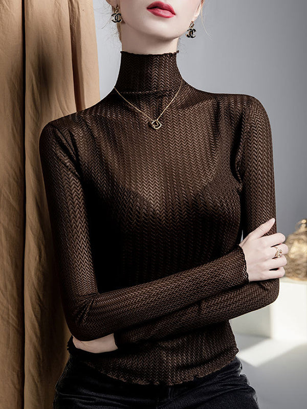 Long Sleeves Plus Size Mesh See-Through Slightly Sheer Split-Joint High Neck T-Shirts