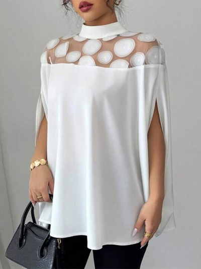 Batwing Sleeves Half Sleeves Polka-Dot See-Through Solid Color Split-Joint Stand Collar Blouses&shirts Tops