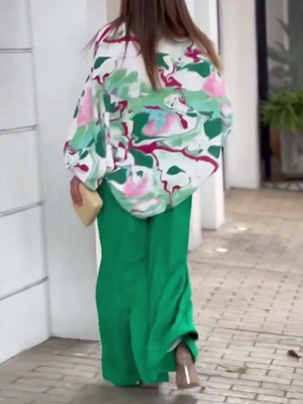 Original Contrast Color Blouse&Solid Wide Legs Pants 2 Pieces Set