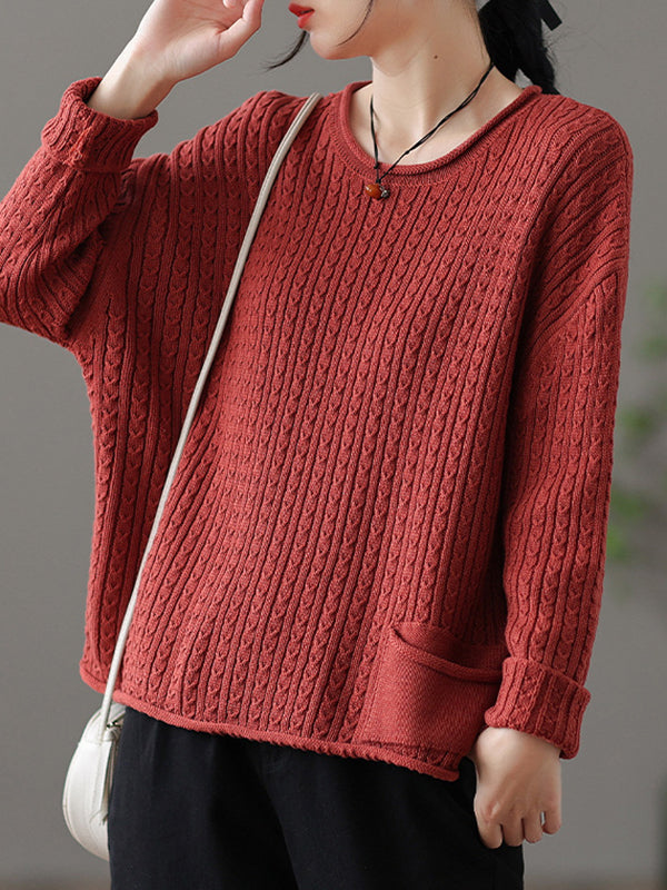 Artistic Retro Loose Long Sleeves Jacquard Solid Color Round-Neck Sweater Tops