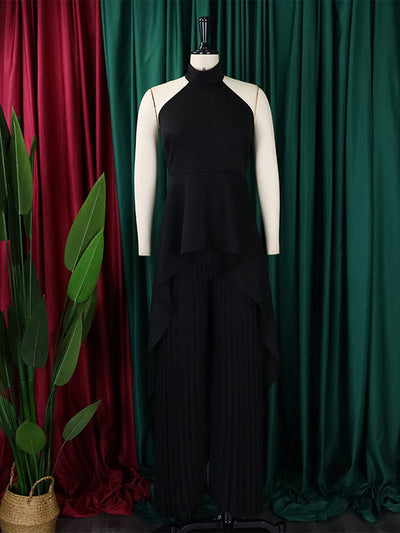 Loose Backless Lacy Solid Color Halter-Neck Vest Top + High-Low Pants Bottom Two Pieces Set