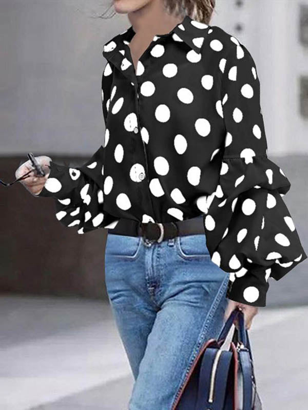 Long Sleeves Loose Buttoned Polka-Dot Split-Joint Lapel Blouses&Shirts Tops