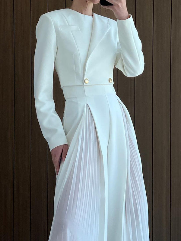 Long Sleeves Buttoned Solid Color Split-Joint Round-Neck Blazers Top + Zipper Wide Leg Mesh Pleated Pants Bottom Two Pieces Set