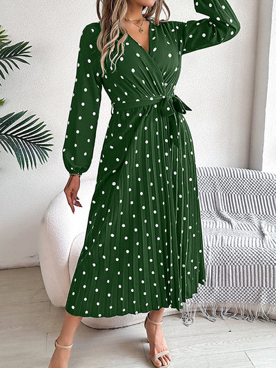 A-Line High Waisted Elasticity Pleated Polka-Dot Split-Joint Tied Waist V-Neck Midi Dresses Shirt Dress
