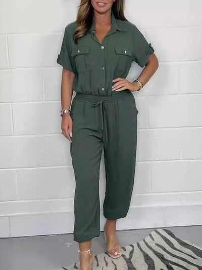 Elasticated Waist High Waisted Buttoned Drawstring Pockets Solid Color Split-Joint Lapel Jumpsuits