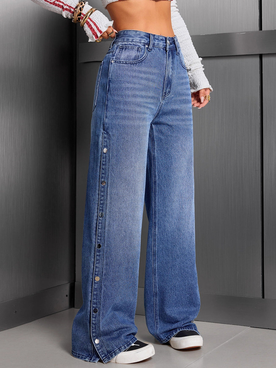 High Waisted Wide Leg Buttoned Pockets Solid Color Jean Pants Bottoms