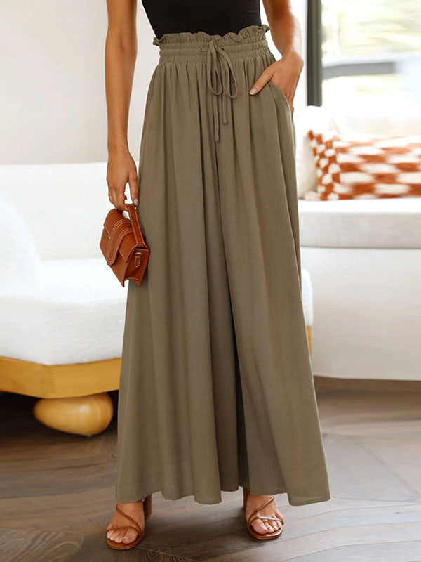 High Waisted Loose Drawstring Elasticity Pockets Solid Color Pants Trousers