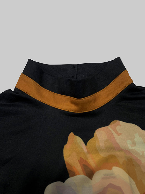 Flared Sleeves Long Sleeves Flower Print Split-Joint Mock Neck T-Shirts Tops