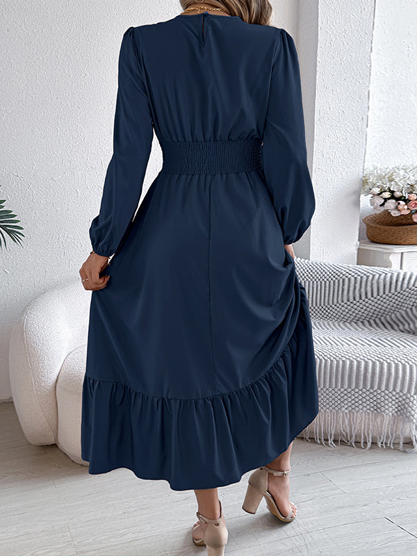 A-Line Elasticated Waist Pleated Solid Color Round-Neck Maxi Dresses