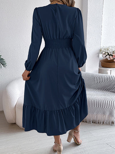 A-Line Elasticated Waist Pleated Solid Color Round-Neck Maxi Dresses