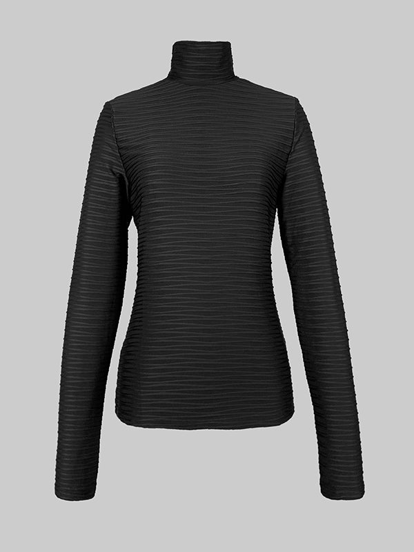 Long Sleeves Skinny Pleated Solid Color Split-Joint High Neck T-Shirts