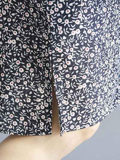 Artistic Retro Floral Printed Stand Collar Short Sleeves Cheongsam Midi Dress