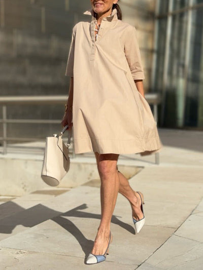 A-Line Short Sleeves Solid Color Split-Joint Lapel Mini Dresses Shirt Dress
