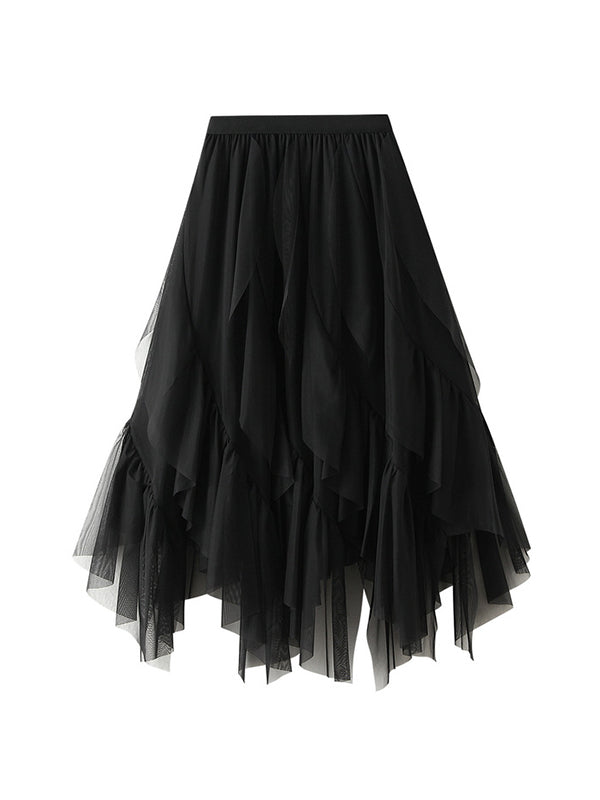 A-Line Loose Elasticity Gauze Pleated Solid Color Split-Joint Skirts