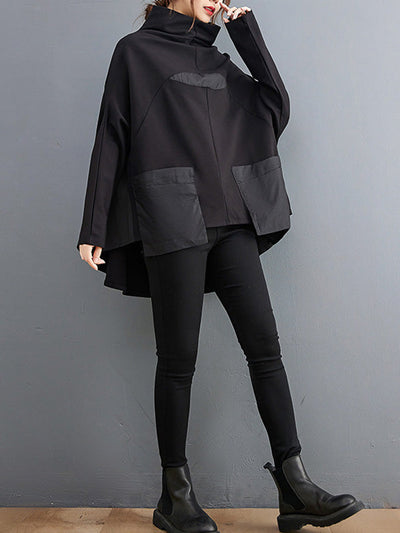 Casual Loose Split-Joint High-Neck Long Batwing Sleeves T-Shirt
