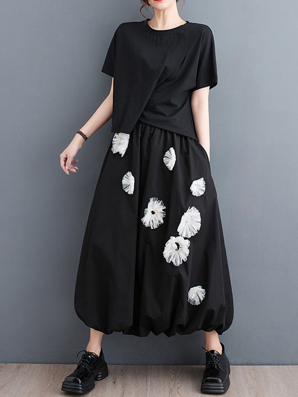 Loose Flower-Embellished Elastics Solid Color Skirts Bottoms