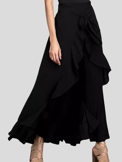 Loose Ruffle Trim Solid Color Split-Joint Tied Waist Zipper Culotte