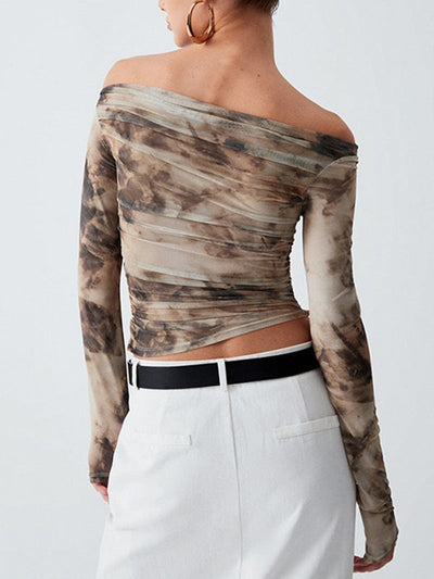 Long Sleeves Skinny Pleated Split-Joint Tie Dye Off-The-Shoulder T-Shirts Tops