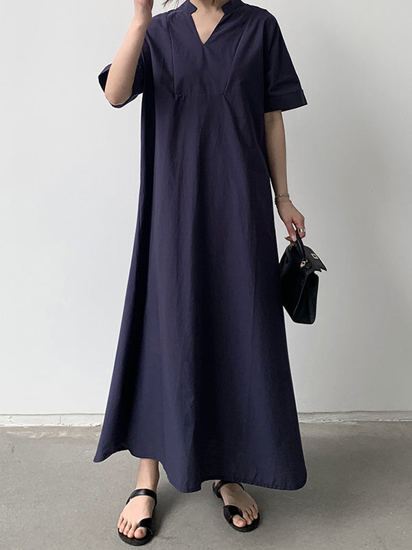Loose Short Sleeves Solid Color V-Neck Maxi Dresses