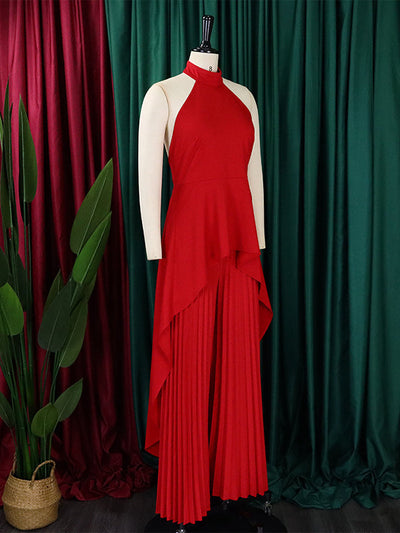 Loose Backless Lacy Solid Color Halter-Neck Vest Top + High-Low Pants Bottom Two Pieces Set