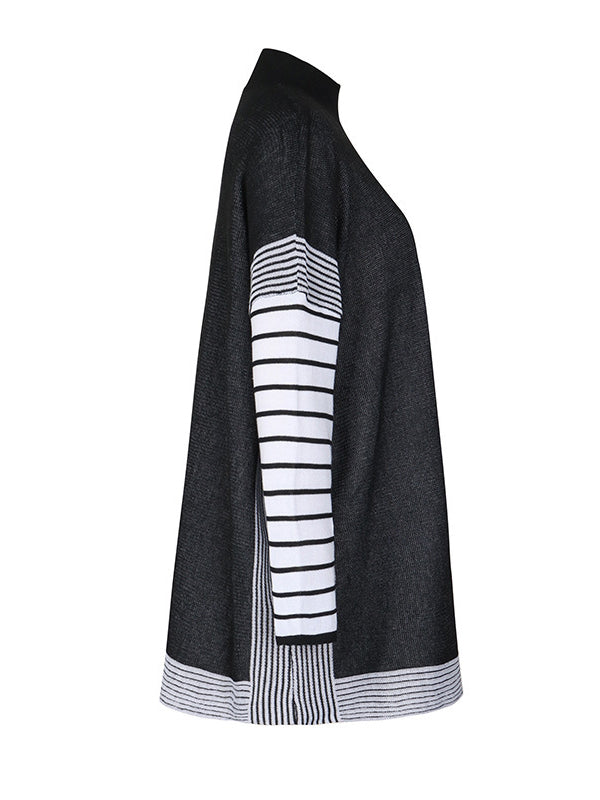 Long Sleeves Loose Contrast Color Striped Mock Neck Pullovers Sweater Tops