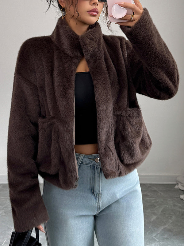 Long Sleeves Loose Pockets Solid Color Zipper Stand Collar Outerwear Sweater Tops