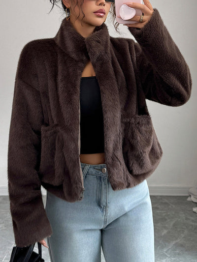 Long Sleeves Loose Pockets Solid Color Zipper Stand Collar Outerwear Sweater Tops