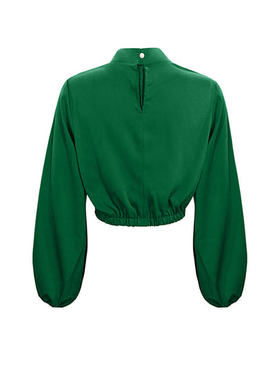 Long Sleeves Puff Sleeves Elasticity Hollow Knot Pleated Ruffled Mock Neck Blouses&Shirts Tops