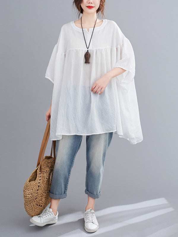Half Sleeves Loose Pleated See-Through Solid Color Round-Neck Blouses&Shirts Tops