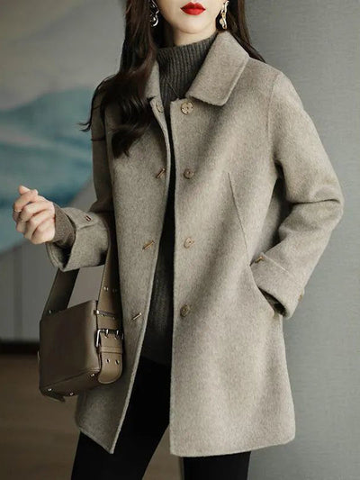 Long Sleeves Loose Buttoned Pockets Solid Color Lapel Woolen Coat