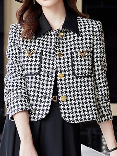 Long Sleeves Plus Size Buttoned Houndstooth Pockets Split-Joint Lapel Outerwear