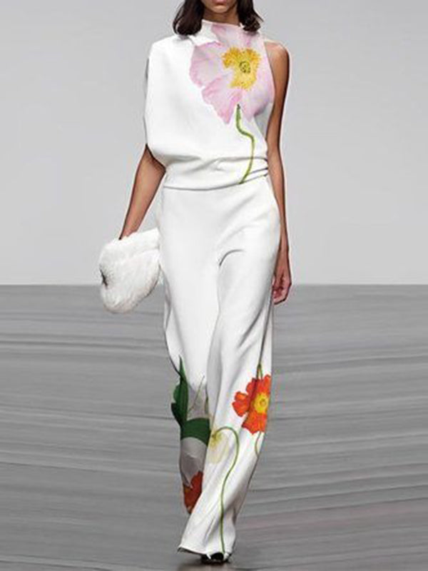 Loose Sleeveless Floral Printed High Neck Vest Top