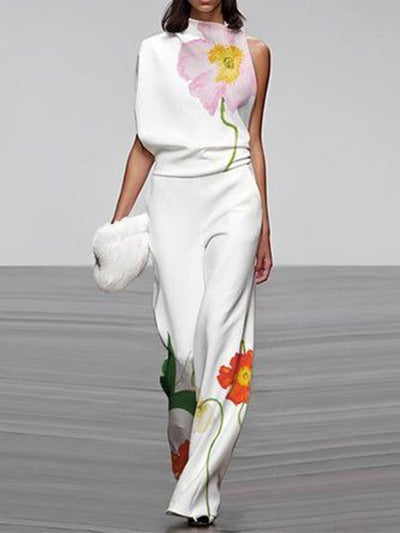 Loose Sleeveless Floral Printed High Neck Vest Top