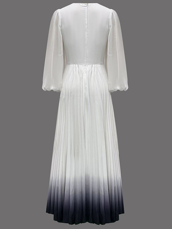A-Line High Waisted Gradient Pleated V-Neck Maxi Dresses