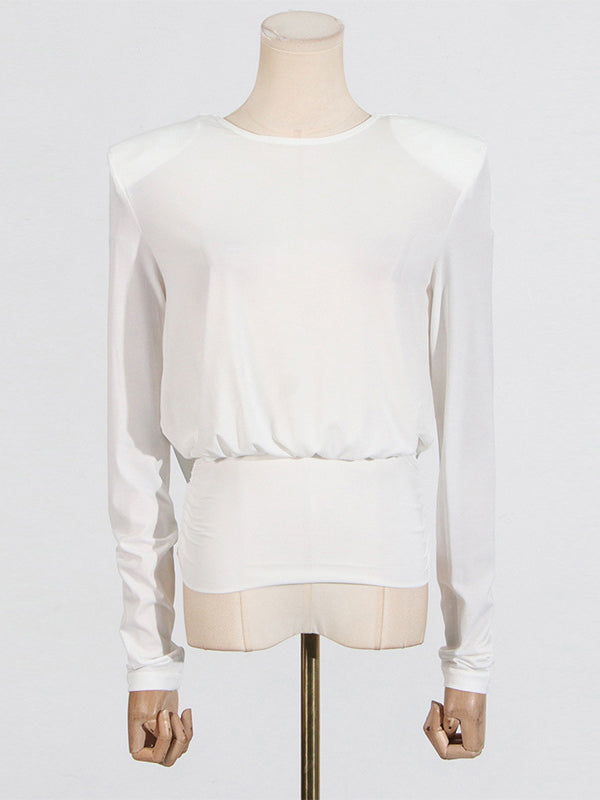 Long Sleeves Backless Shoulder Pad Solid Color Round-Neck Blouses&Shirts Tops