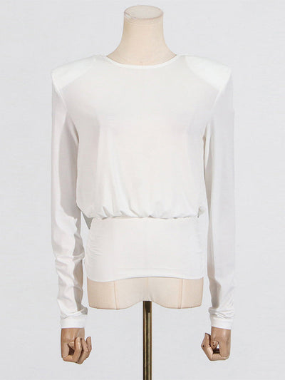 Long Sleeves Backless Shoulder Pad Solid Color Round-Neck Blouses&Shirts Tops